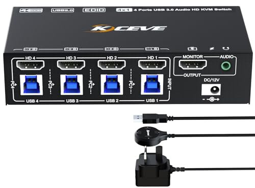 YOUTINGHDAV HDMI KVM Switch 4 Port, USB 3.0 KVM Switch 4 Computers 1 Monitor 8K@60Hz, 4K@120Hz, EDID Emulator, KVM 4 PC Share 1 Monitor and Mouse Keyboard, with Wired Remote