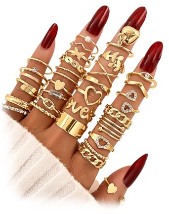 17IF 30 Pcs Gold Vintage Knuckle Ring Set for Women, Boho Crystal Finger Aesthetic Pearl Sparkle Butterfly Chunky Stackable Midi Ring Pack (BigHeart)
