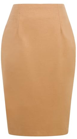 Wool Plaid Skirt for Women High Waisted Tartan Knee Length Midi Pencil Fall Winter Skirt with Slit (Pure Camel, S)