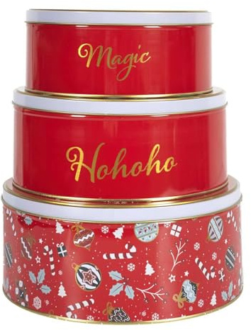 HOME DECO FACTORY Cook Concept - BT6807, Boîtes en métal décoratives de Noël - Set de 3 - pour Conservation des Biscuits - Design Festif, pour Cadeau, Pratique - Couleur Rouge