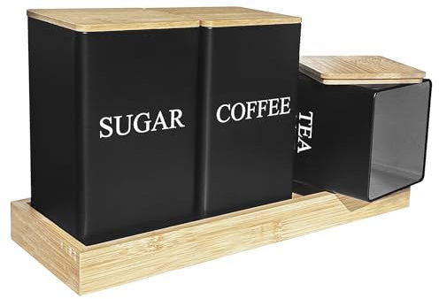 Abaigeal Juego de 3 botes de té, café, azúcar, té negro, café y azúcar, juego de recipientes de metal con tapa hermética de bambú y bandeja