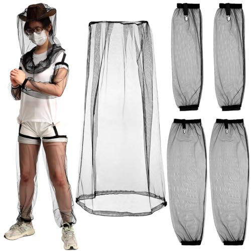 Yoojahow 5 Pcs Anti Mosquito Netting Suit, Mosquito XL Hat with Mesh Net, Arm and Leg Sleeves Protective Cover for Camping Fishing(Black)