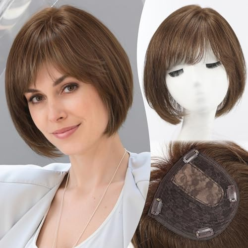 EMMOR Human Hair Toppers for Women Short Bob Real Hair Toppers with Bangs Side Part Hairpieces for Women with Thin Hair 10 Hair Extension with 6.5 × 6.5 Larger Base(Brown)