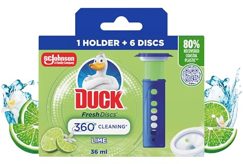 Duck Fresh Discs Toilet Cleaner Starter Kit, Fights Stains That Harbour Germs, Prevents Limescale Build Up, Lime, Pack of 5 (Each Kit contains 1 Holder + 1 Refill Tube)