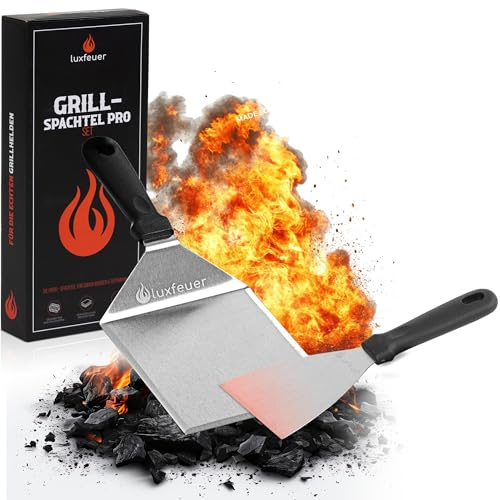 Luxfeuer® Grillreglage 2-delat set professionellt rostfritt stål [TESTVINNARE 95/100] – XL hamburgarskjutare för Smash Burger, Plancha & Teppanyaki + 20 x non-stick-belagda papper, grillgåva