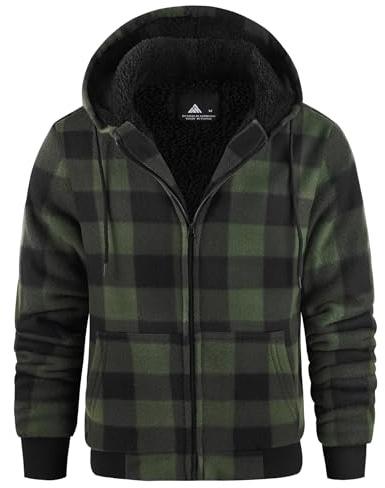 geeksport Fleecejacke Herren Sweatjacke Männer mit Kapuze Warme Kapuzenjacke Gefüttert Winterjacke Kariertes Hoodie mit ReißVerschluss, Dunkelgrün XL