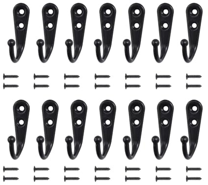 14 Pcs Coat Hooks,Wall Hook Black Metal Hanging Clothes Screw in Hat Key Mounted Single Cupboard Door Robe Modern Ornament Decorative Display Mountable Screws,for Hang in Bedroom Bathroom Kitchen