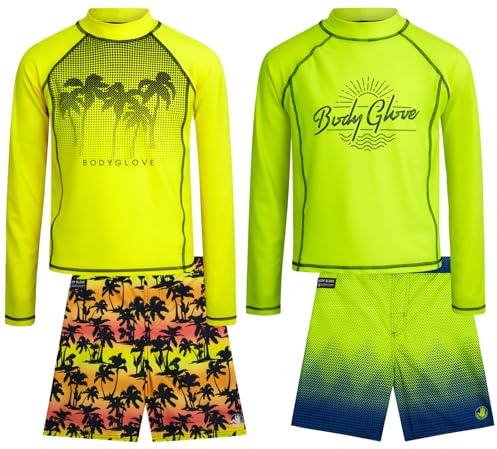 Body Glove Boys Swim Set - 4 Piece UPF 50+ Swim Trunks and Rash Guard for Boys Kids Swimwear Set (Sizes: 4-12), Size 12, Neon Green/Yellow Palm Trees