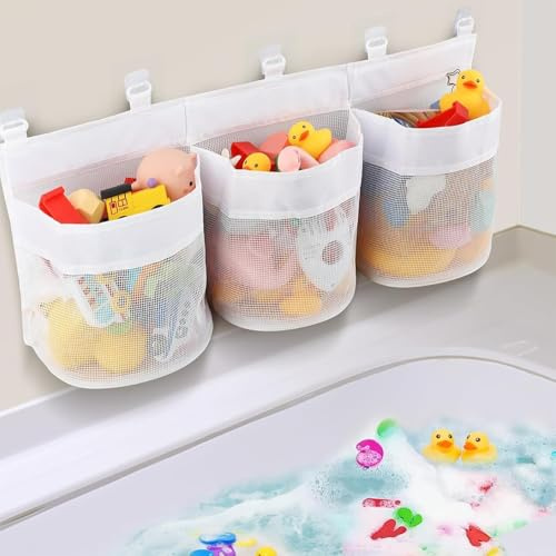 Sztqqing Bolsa Juguetes Bañera con 3 Compartimentos en Red - ExtraGrande con 5 Ganchos Autoadhesivos, Secado Rápido para Baño Infantil y Niños