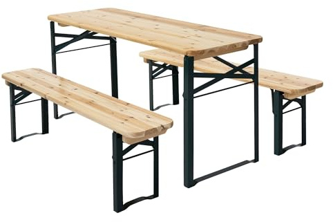 ML-Design Set da Picnic per Bambini 3 Pezzi Pieghevole Naturale/Verde Legno Massello e Metallo Set con Tavolo e 2 Panche per Esterno Arredo Giardino Tavolo da Festa per Bambini Gruppo Sedute da Picnic