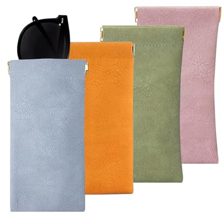 KEWUF Etui Lunettes (4Pcs), Etui Lunettes Souple, Résistant Aux Rayures Étui Sacoche, Pochette Lunette De Soleil, Etui À Lunettes En Cuir, Pochette Avec Fermeture Snap, Pour Femmes Hommes