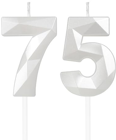 mciskin White 75th Birthday Candles,75th Birthday Decorations for Women Men,3D Number 75 Candle for Cake,White Candle Cake Toppers for Birthday Party Decorations Wedding Supplies