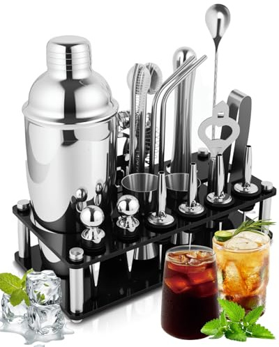 Trongle Lot de 20 Shakers à Cocktail en Acier Inoxydable 750 ML avec Double Doseur, Support de Présentation, Kit Cocktail Professionnel, pour Maison, Bar, Fêtes, Noël et Thanksgiving