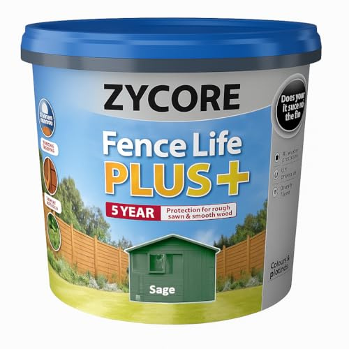 ZYCORE Fence Paint – 5L Fence Life Plus Paint - All-Weather Long-Lasting Protection, Sticks to Damp Wood, Brush or Spray on, for All Sheds and Fences (Sage)