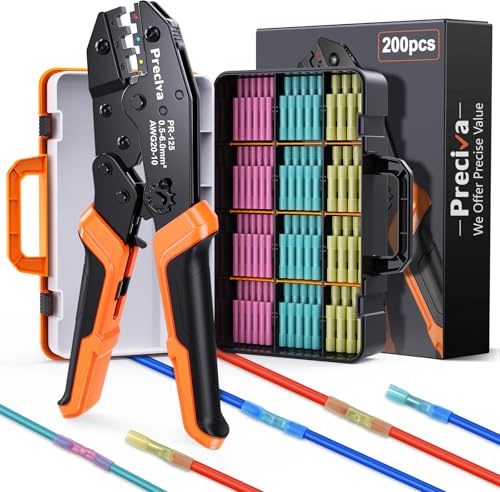 Preciva Pince à Sertir pour Connecteurs Thermorétractables, 0.5-6.0mm²/AWG 22-10 D'outils de Sertissage Isolés à Cliquet, Pinces Electricien avec 200pcs de Cosses Étanches IP67 pour l'électronique