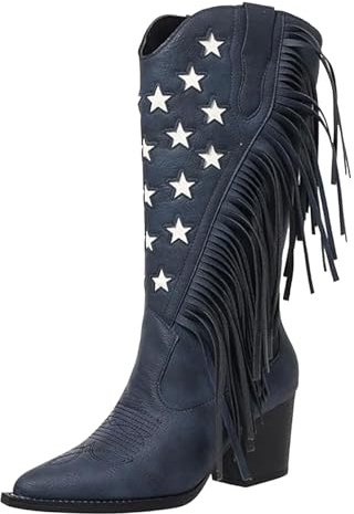 Bottes de cowboy pour femme - Bottes western hautes pour femme - Franges - Bottes à enfiler - Brodées - Bottes de cowgirl décontractées - Bottes longues - Bottes à franges - Bottes d'hiver chaudes