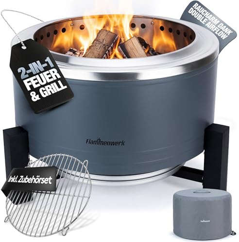 Rauchfreie Edelstahl Feuerschale Ø 56 cm| Raucharm Dank Turbo-Brenner | 2-in-1 Feuerstelle & Grill für Garten, Camping & Terrasse | Feuertonne & Feuerkorb für Holz & Pellets ohne Rauch Flammenwerk