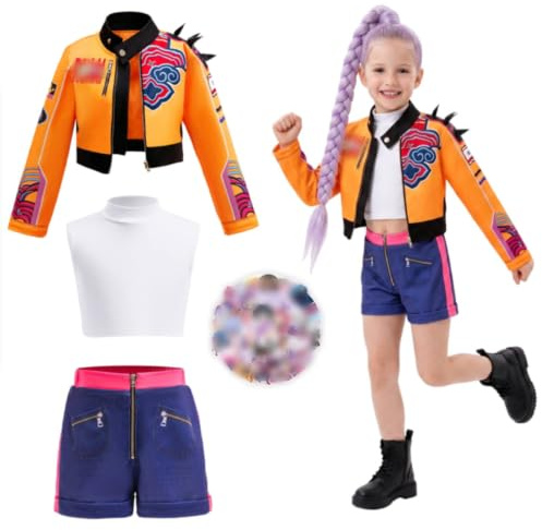 Luchild Kids Cosplay Costume, Girls Dress Up Stage Outfits with Top Coat Pants 74Pcs Stickers, Kids Pop Cosplay Themed Costumes, Halloween Carnival Masquerade Dress Up Party for Little Girls