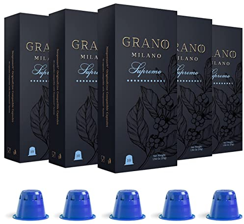 Grano Milano Supremo Coffee Capsules - 50 Pods Compatible with Nespresso Original line, Dark Roast - Intensity 11/12, Espresso Coffee Capsules Made in Italy