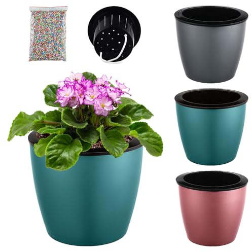 Planterhoma 6.7 Inch Self Watering Pots for Indoor Plants, 3 Packs African Violet Pots, Black Wick Pot with Drainage Holes, Self Watering Planters for Orchid, Devil's Ivy, Silver/Blue/Rose Gold
