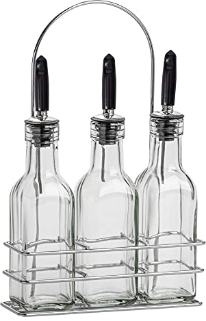 Argon Tableware Olive Oil Bottles with Stands - 250ml - Pack of 3 - Dishwasher Safe Kitchen Glass Olive Oil Dispenser Cruet with Dust Cap, Cork Stopper and Tapor Pourer Top for Soy Sauce, Vinegar