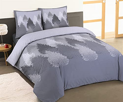 Vision - Juego de ropa de cama de franela - Bosque Gris - Funda nórdica de 240 x 220 cm con 2 fundas de almohada de 65 x 65 cm para cama de 2 plazas - Franela: Suave y Cálida - Fibras Naturales