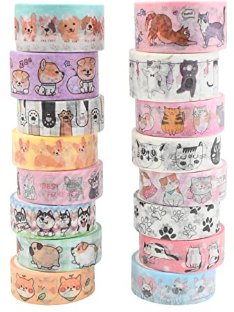 16 Rollos Washi Tape Set Lindo Mascotas Cinta Adhesiva Decorativa Kawaii Perro Gato Cinta Decorativa Washi Pegatinas Estéticas Washi Cinta Pastel para Scrapbooking Manualidades Envoltorio de Regalo