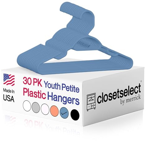 Closetselect Youth Petite Hangers 30 Pack - 13 Inch Plastic Petite & Preteen Hangers for Closet, Good for Children Sizes 4 to 10, Non-Slip Infant Hangers with Shoulder Grooves | Blue