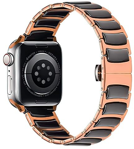 MaKTech Keramiskt Band,Tunt Rostfritt Stål Inlagt Keramiskt Länkarmband,för Apple Watch Serie 11/10/9/8/7,Ultra 3/2/1,SE 3/2/1 [2025] (42mm/41mm/40mm,Rose-Guld/Svart)