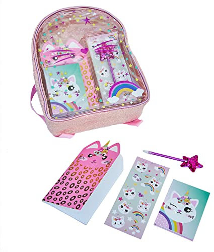 Inca Kawaii brevpapper för flickor med kattunge ryggsäck - Innehåller anteckningsblock, anteckningsblock, klistermärken och penna - Skolryggsäck med brevpapper set - Perfekt för present