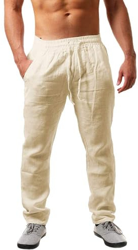 Cegerne Pantalon Coton Lin Homme Décontractés de Plage Léger Été Médiéval Casual Yoga Pants avec Cordon Elastique Grande Taille, 1-Beige, XXL