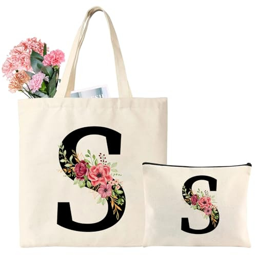 Regalo Donna Iniziali Borsa in Tela, Tote Borsa per Spesa con Iniziale, Shopping Tote con Lettere, Personalizzata Regali per Mamma, Amica, Damigelle d'onore, Compleanno, Vacanza, Matrimonio (S)