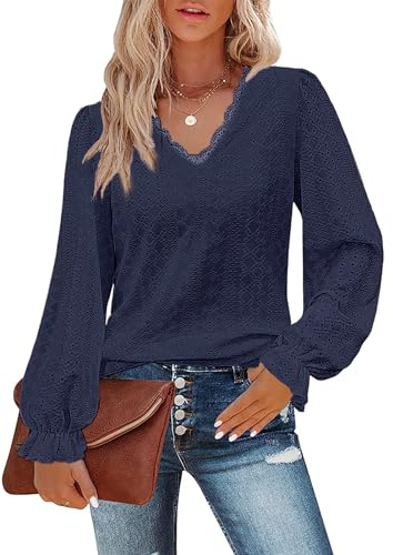 Flikity Plus Size Clothing for Women, Lace V Neck Puff Long Sleeve Ladies Tops Size 20 Going Out Top Office Work Women's Blouses Shirts Casual Outfits Elegant Tunic Tops Navy 2XL