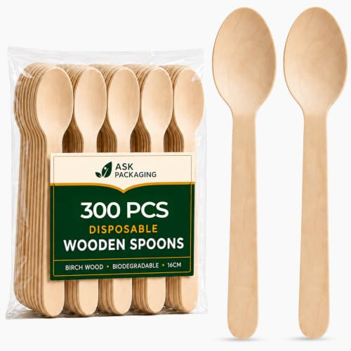 300x Wooden Spoons Bulk - Disposable Spoon Utensils for Dessert BBQ Party | Splinter-Free, Birchwood, Biodegradable, Recyclable, Food Safe, Camping, Ice Cream, Office, Kids, Wedding, Events, Soup