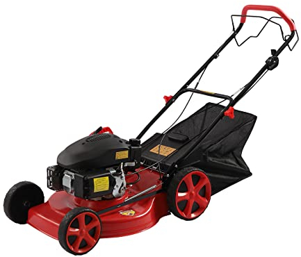 ROGONPDK Cortacésped de gasolina, 173 cc, gasolina, 4 kW, gasolina, cortacésped con accionamiento de 4 tiempos, a gas, cortadora de césped, 155 x 52 x 110 cm, color negro y rojo