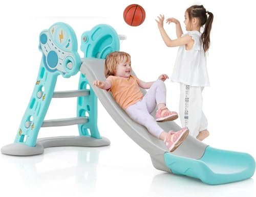 Toddler Slide, 3 in 1 Foldable Kids Slide Indoor Slideway with Basketball Hoop, Outdoor Climber Freestanding Playset, Extra Long Slipping Slope Sturdy Plastic Playground Toy (Blue)