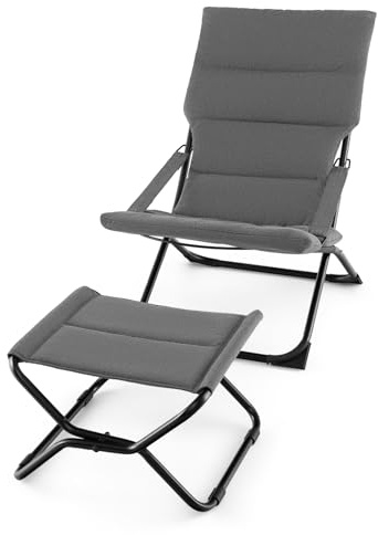 KOMFOTTEU Ensemble de chaise longue de jardin avec repose-pieds pliable, lit d'extérieur en tissu et métal, fauteuil de véranda avec accoudoirs et coussin amovible, pour cour, terrasse, gris