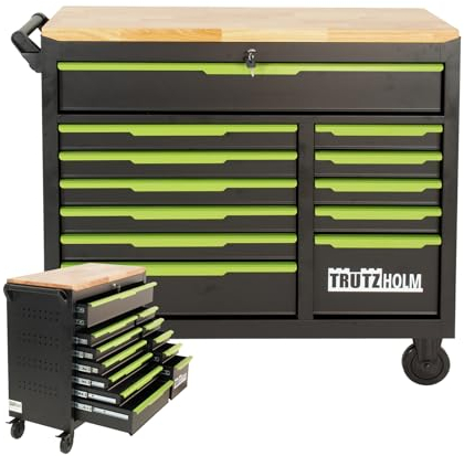 TRUTZHOLM Werkstattwagen Star XL 12 Schubladen unbestück Hartholz-Arbeitsplatte schwarz/grün 103 x 112 cm mit Feststellbremsen, abschließbar