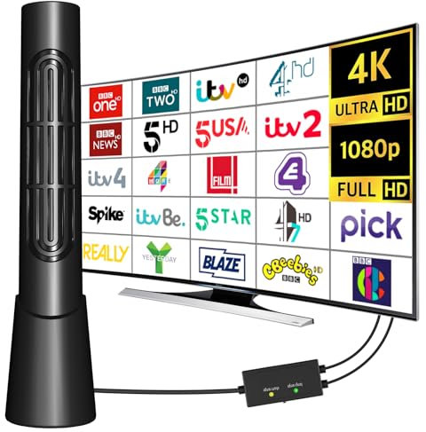 Cenbou TV Aerial 380+Miles Long Range - Indoor TV Aerial with Signal Booster & 360° Signal Reception,Freeview Digital TV Antenna Support 4K 1080P HD Local Channels