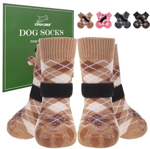 EXPAWLORER Dog Socks Paws Stop Licking - 4 Pack Double Sided Anti Slip Pet Socks with Grips for Hardwood Floors, Dog Shoes Boots for Small Medium Large Senior Breeds British Style, Khaki M