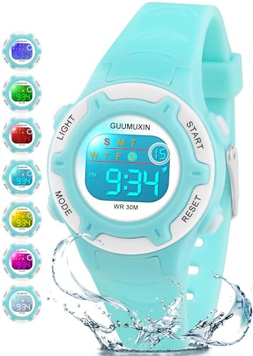 GUUMUXIN Montre Numérique pour Enfant de 4 à 13 Ans, avec 7 Couleurs LED et Bracelet en Silicone Souple, Étanche 3 ATM, avec Réveil, pour Enfants