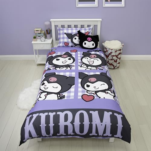 Set copripiumino singolo con licenza ufficiale Hello Kitty Rebel Design | Biancheria da letto Kuromi reversibile a 2 lati con federa coordinata | Perfetto per la camera dei bambini | Policotone