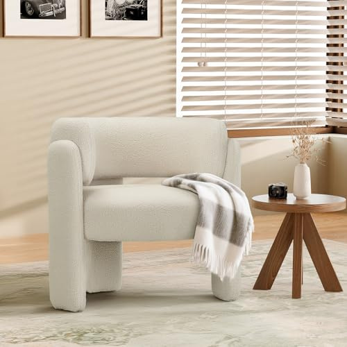 COLAMY Living Room Armchairs, Upholstered Sherpa Accent Chair, Comfy Round Arm Chair with 3 Legs, Single Sofa Chair with Lounge Seat for Bedroom/Office/Reading Spaces (Cream, Set of 1)
