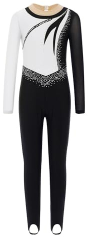 Agoky Tuta da Ginnastica Artistica per Bambina Manica Lunga con Strass Bodysuit da Danza Classica Patchwork in Rete Body Leotard da Balletto Pattinaggio Yoga Tutine Bianco 9-10 anni