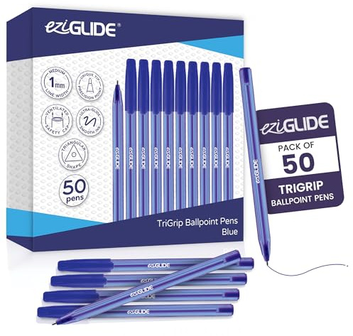 Eziglide TriGrip Ballpoint Pens Ink 50-Pack, Ballpoint Pens Multipack, Medium Point (1.0mm) for Smooth Handwriting & Consistent Flow Triangular Barrel Pens for School, Home & Office (50, Blue)