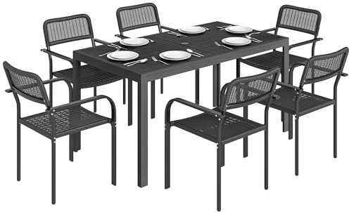 Outsunny Set Tavolo e Sedie da Giardino 7 Pezzi, Set da Pranzo Esterno con 6 Sedie Impilabili in Plastica Finto Rattan e Tavolo in Metallo Effetto Legno con Foro Ombrellone, per Terrazza Balcone, Nero