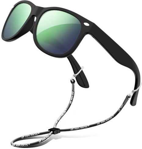 RIVBOS Kids Sunglasses Polarized UV Protection Flexible Rubber Glasses Shades with Strap for Boys Girls Black Green