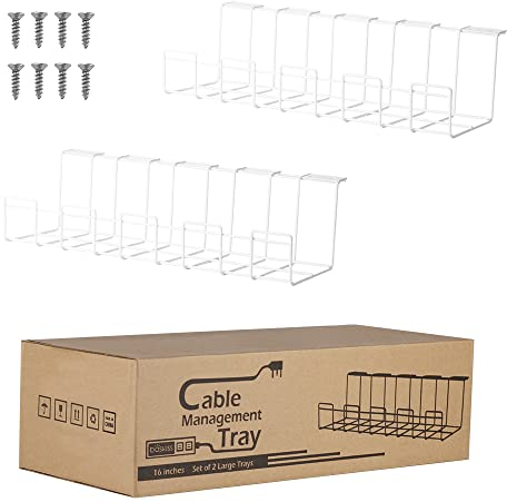 Baskiss 2 Packs Cable Management Tray, 40cm Under Desk Organizer for Wire Organization, Metal Holder for Desktop Computer Home Office Kitchen Workstation to Cover and Hide Power Strips (White)