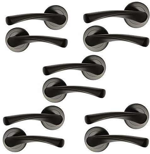 HANDLESTORE Twist Lever on Rose Door Handles – 5 Pack, Matt Black Finish, Pairs with Spindles & Fixings