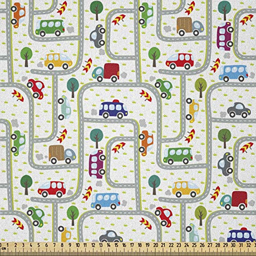 ABAKUHAUS Autos Stoff als Meterware, Kinder, die auf Verkehr, Microfaser Stoff für Dekoratives Basteln, 1M (230x100cm), Weiß Grau Grün